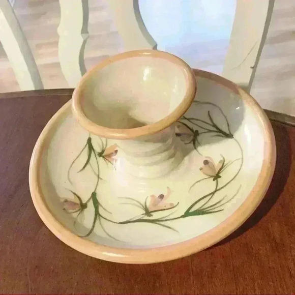 Peach Floral Ceramic Pottery Single Candle Holder Plate Signed. - Picture 2 of 6